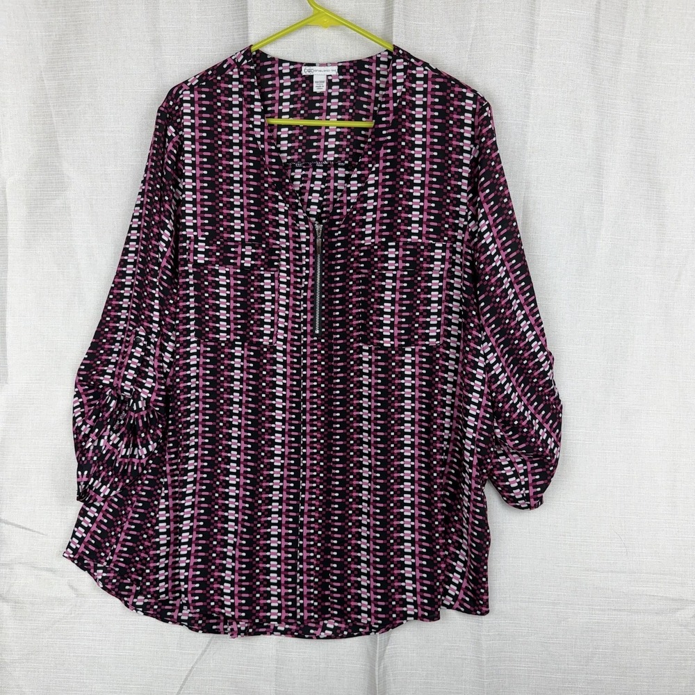 Cato Blouse Womens 18/20W Black Pink Geometric Zip V Neck Tunic 3/4 Sleeve Top
